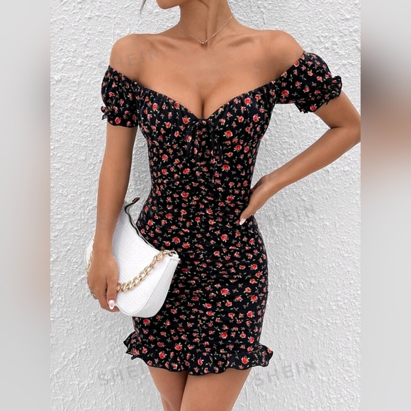 SHEIN Dresses & Skirts - Floral print Off Shoulder Front Knot Ruched Ruffle Hem Bodycon dress Sexy dress